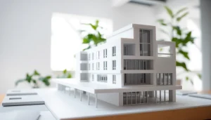 Architekturmodellbau Braunschweig zeigt ein präzises, detailliertes Modell eines modernen Gebäudes.