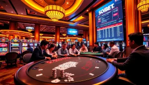 SOIBET casino scene with engaging poker games, roulette, and vibrant slot machines.