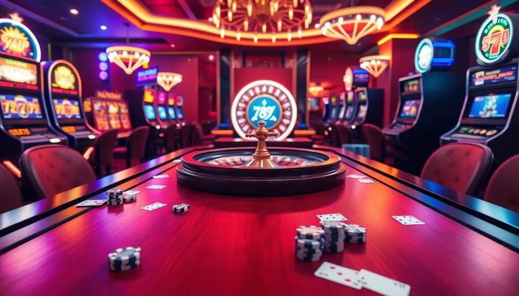 Exciting scene at a 789P casino, showcasing vibrant gaming tables with cards and chips.