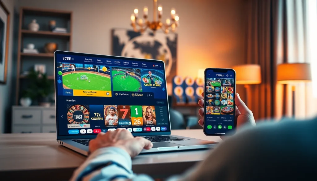 77EE online gambling platform showcasing various games on devices in a modern home office.