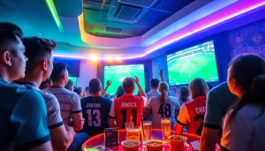 مشجعون متحمسون يستمتعون بكورة لايف في صالة رياضية حديثة مع عروض مباريات كرة القدم المباشرة.