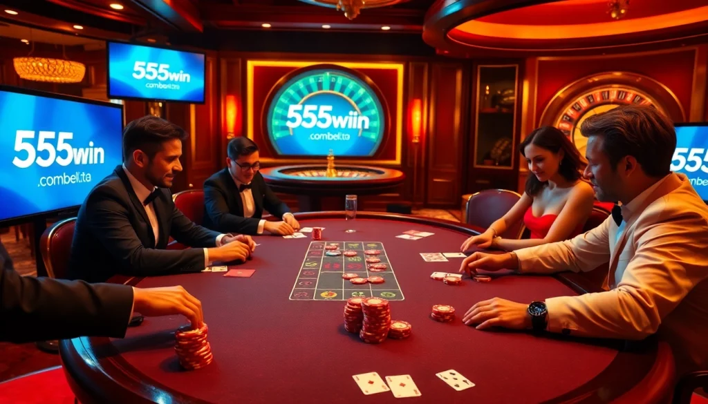 Poker table action at a luxurious casino showcasing the excitement of 555win com with chips and cards.