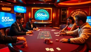 Poker table action at a luxurious casino showcasing the excitement of 555win com with chips and cards.