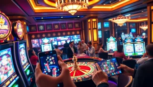 Play the j88 mobile casino game surrounded by vibrant casino elements like chips and cards.
