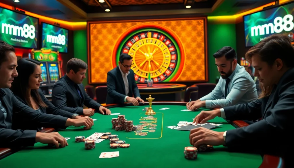 Players placing bets at a luxurious mm88 casino table, capturing the excitement of gambling.