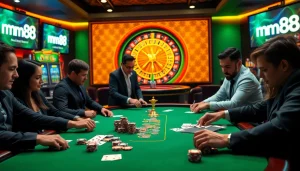Players placing bets at a luxurious mm88 casino table, capturing the excitement of gambling.