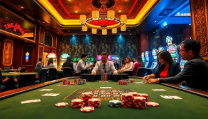 Experience thrilling gambling at MM88.today with a luxurious poker table and vibrant casino ambiance.