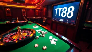 Experience thrilling gambling action at the TT88 casino with vibrant tables, roulette wheels, and poker chips.
