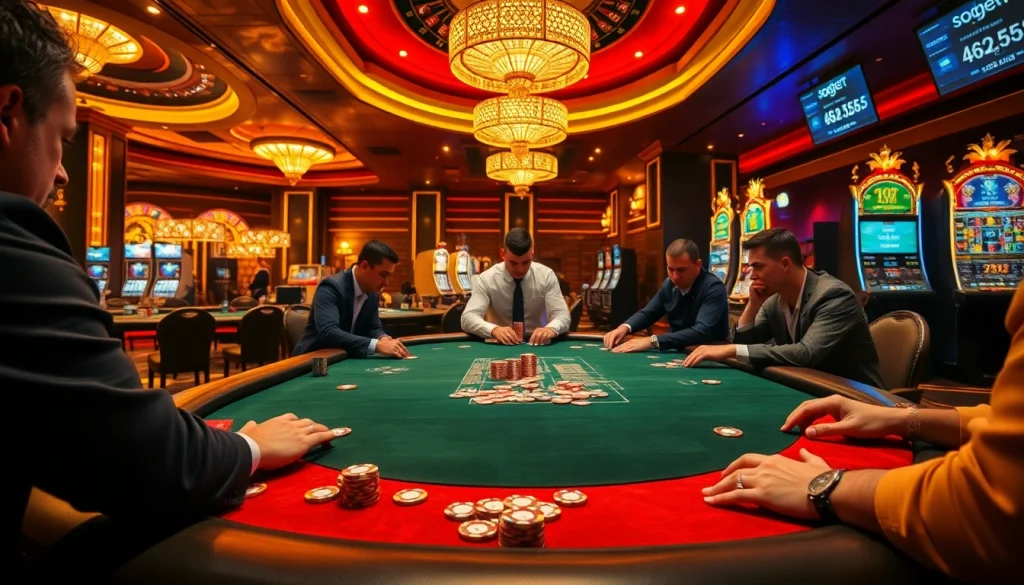 SBOBet offers thrilling poker action in a luxurious casino setting with vibrant gaming elements.