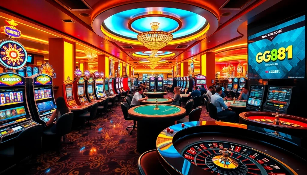 Excited players enjoying various games including gg88 slots at a luxury casino.