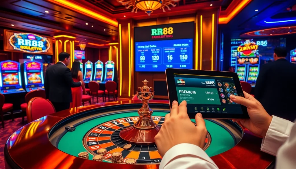 Players celebrating a win at RR88, showcasing luxurious casino tables and vibrant betting chips.