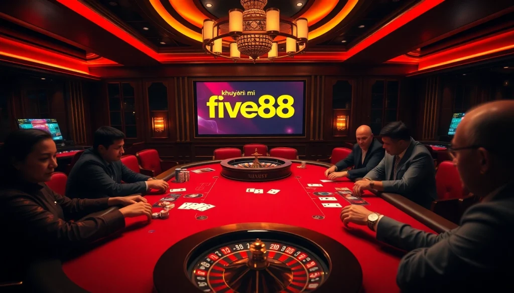 Engaging in khuyến mãi five88 at a luxurious poker table with vibrant casino elements.
