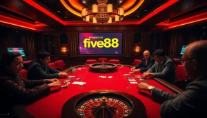 Engaging in khuyến mãi five88 at a luxurious poker table with vibrant casino elements.