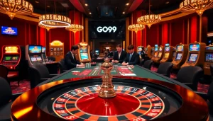 Dynamic betting action at a luxurious go99 casino with poker and roulette excitement.