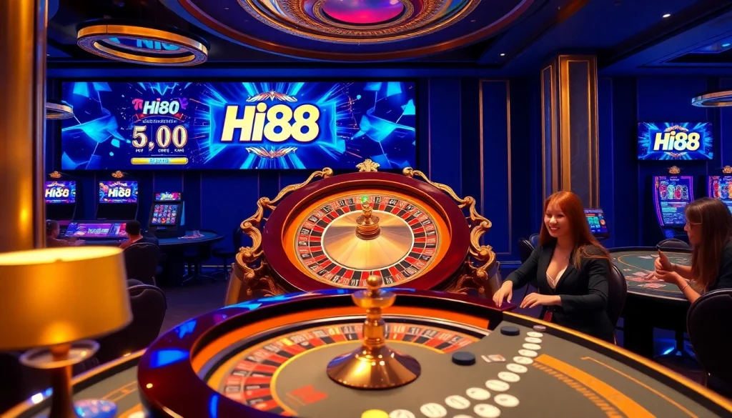 Experience exhilarating gameplay at Hi88's casino with vibrant poker tables and jackpot displays.