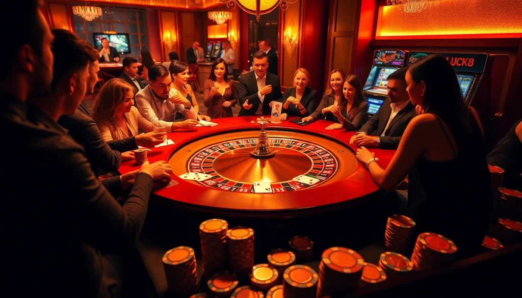 Trải nghiệm chơi LUCK8 đầy hồi hộp tại bàn casino sang trọng với roulette, bài và những chiếc chip sặc sỡ.