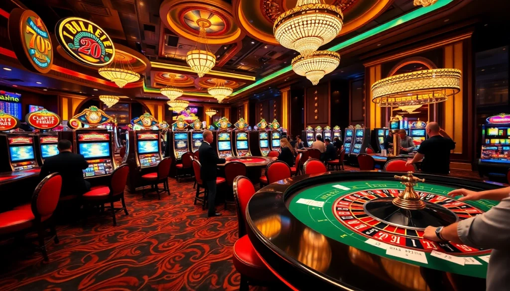 Exciting casino scene showcasing vibrant gaming action at 789P with roulette, poker, and slot machines.
