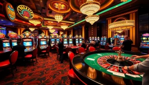 Exciting casino scene showcasing vibrant gaming action at 789P with roulette, poker, and slot machines.