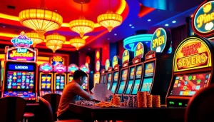 Pemain menikmati Slot Depo 5rb di kasino yang meriah dengan mesin slot berwarna-warni.