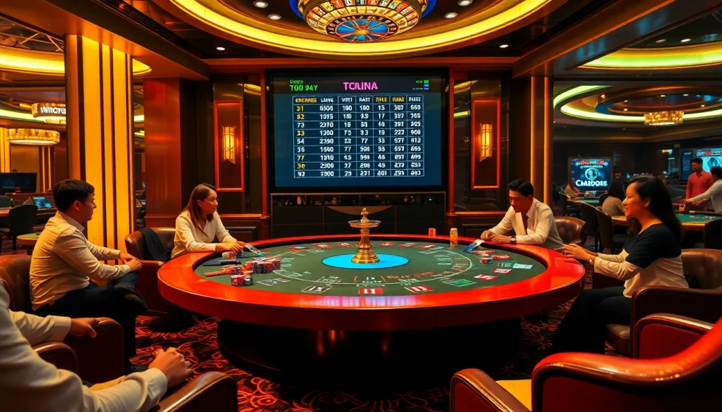 Excited players engaging in Togel China at an upscale casino table with a live draw display.