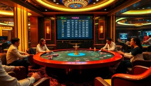 Excited players engaging in Togel China at an upscale casino table with a live draw display.