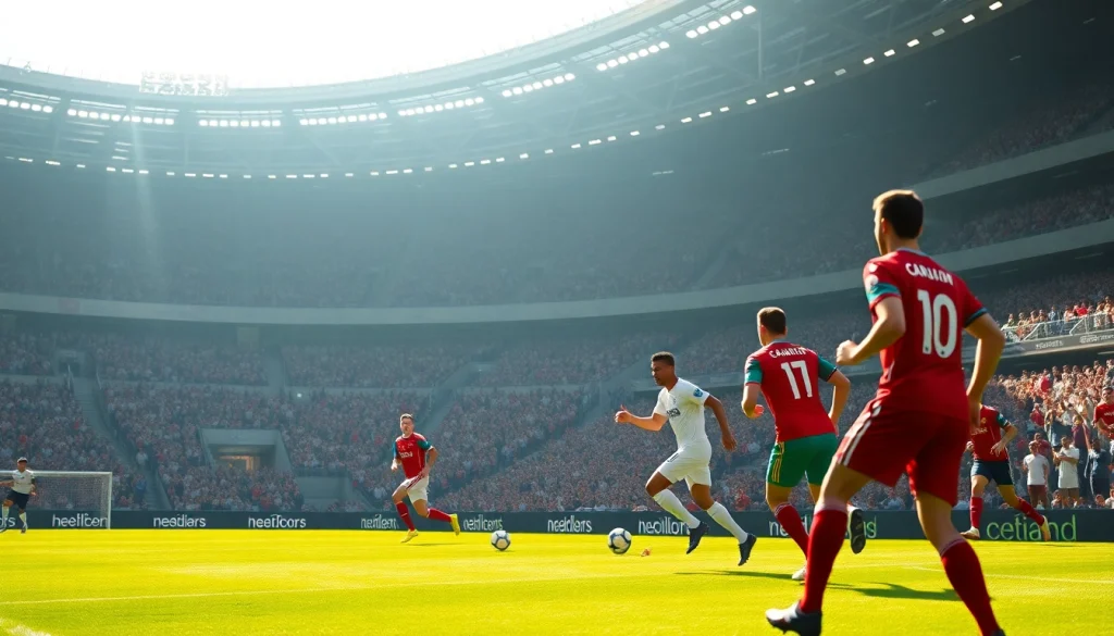 Latest soccer match highlights with players in action in a vibrant stadium during a thrilling moment of ผลบอลล่าสุด.