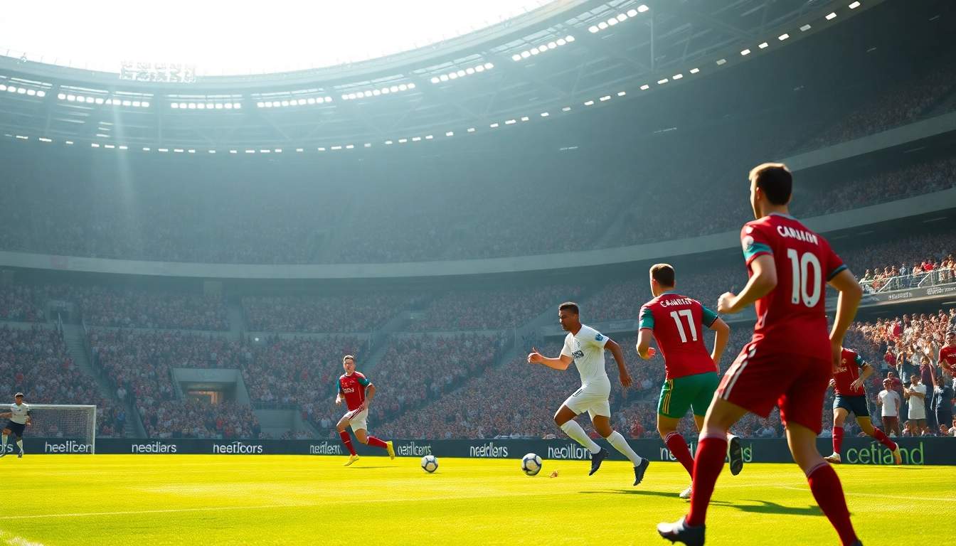 Latest soccer match highlights with players in action in a vibrant stadium during a thrilling moment of ผลบอลล่าสุด.
