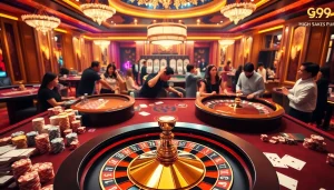 Engaging casino atmosphere highlighting GO99 with poker chips, cards, and roulette wheel.