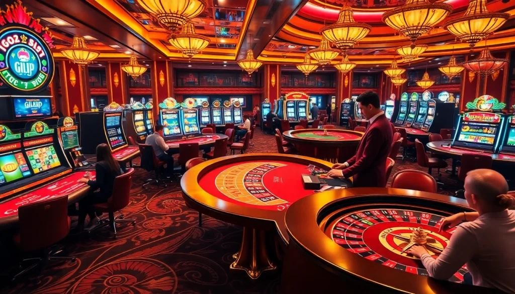 Players enjoying a game of poker at a gilajp-themed casino, showcasing excitement and luxury.