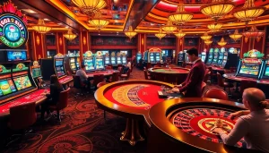 Players enjoying a game of poker at a gilajp-themed casino, showcasing excitement and luxury.