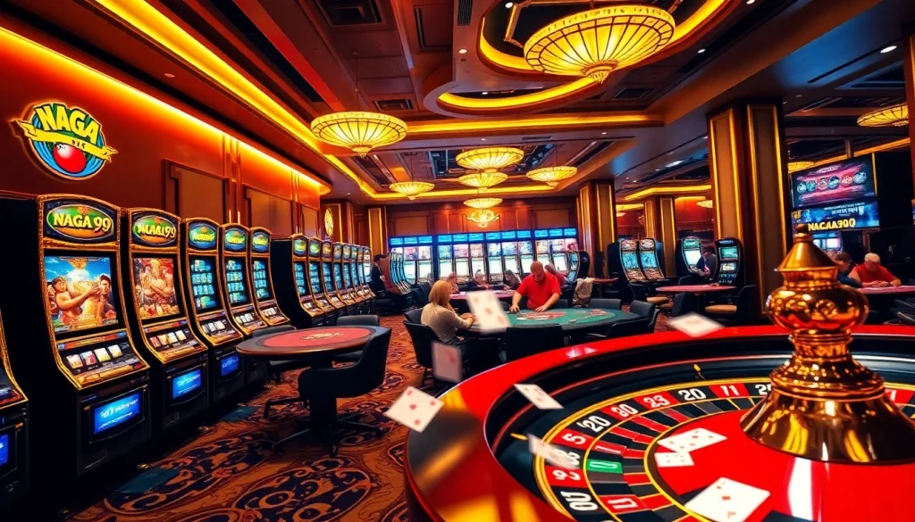 Naga99 gaming area filled with vibrant slot machines and players engaged in thrilling card games.