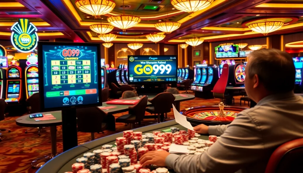 Join the action in the go99 game, featuring vibrant gaming elements including poker chips and slot machines.