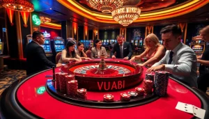 Vuabai9 players engaging in intense casino action at a vibrant gambling table.