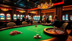 Experience luxury gambling at thabethome.com with an exciting casino scene featuring poker, roulette, and slot machines.