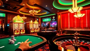 Experience thrilling online gameplay at BRABET with vibrant slot machines and poker chips.