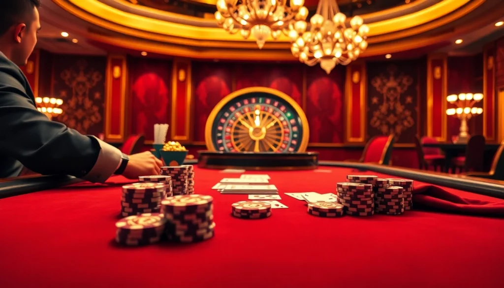 High-stakes poker scene showcasing excitement at https://rr88.navy/ with polished chips, cards, and vibrant roulette wheel.