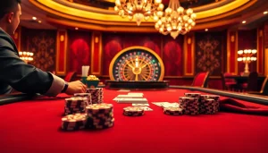 High-stakes poker scene showcasing excitement at https://rr88.navy/ with polished chips, cards, and vibrant roulette wheel.
