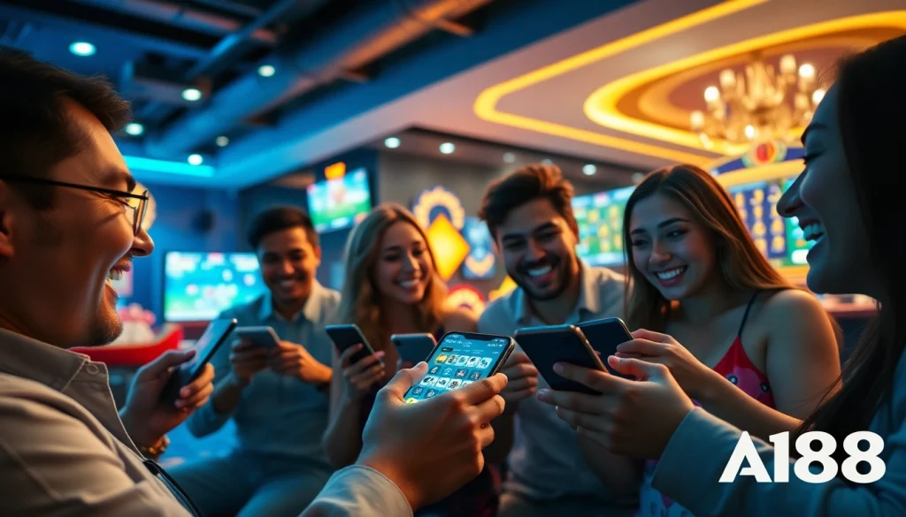 A188 online casino platform showcasing players enjoying mobile games in a vibrant setting.