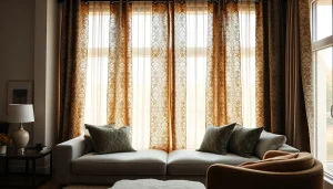 Verduisterende gordijnen in een moderne woonkamer met warme sfeer en luxe uitstraling.