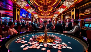 Gambling excitement at a luxurious casino featuring xx88-themed poker chips and vibrant roulette action.