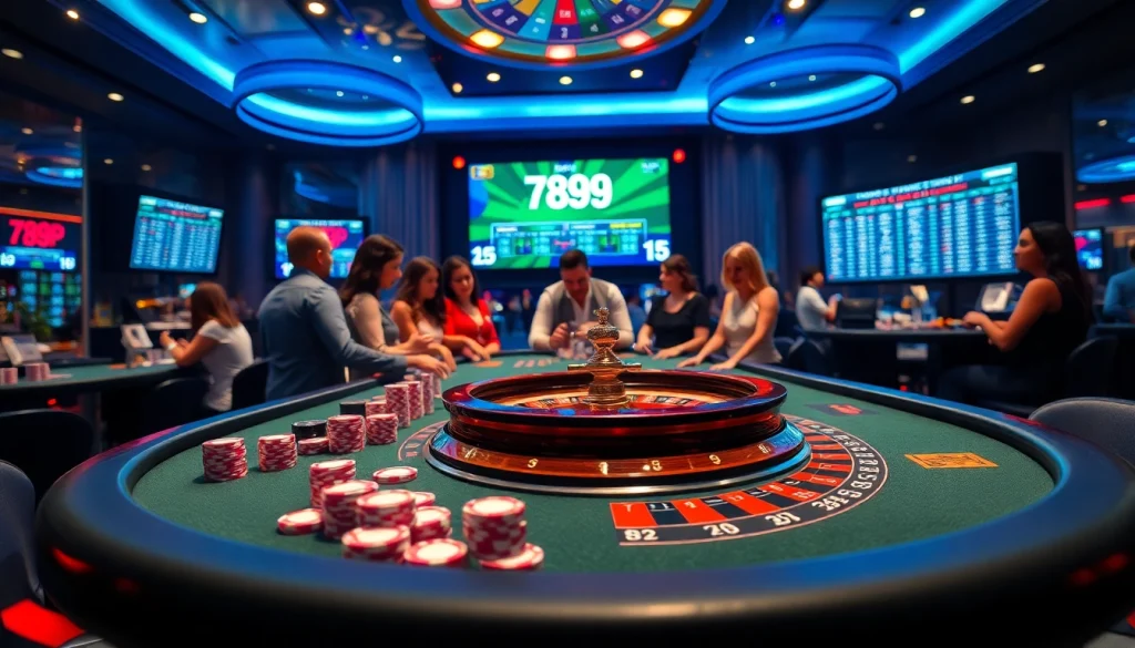 Players enjoying excitement at 789P's casino table with roulette and poker chips.