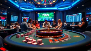 Players enjoying excitement at 789P's casino table with roulette and poker chips.