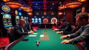 Exciting casino atmosphere with 8xbet-themed poker table and vibrant gaming elements.