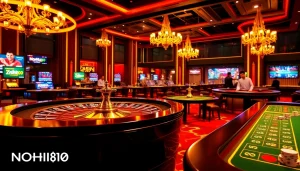 Engaging players at NOHU90 in a luxurious casino filled with poker chips, roulette wheels, and digital interfaces.