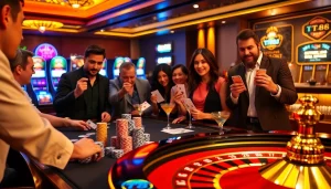 TT88-themed casino scene featuring an exciting poker game and vibrant roulette table.