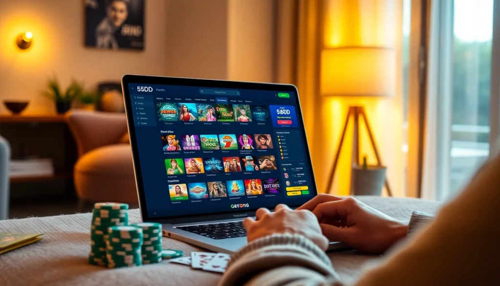 Experience 55DD's online betting platform on a laptop, showcasing slots, poker, and sports betting games.