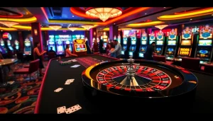 Exciting casino gaming at TR88 with roulette, slot machines, and poker chips.