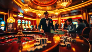 Experience the thrill of MM88 with a vibrant casino scene showcasing roulette and poker action.