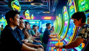 LAGAGAME77 gaming scene with diverse players enjoying vibrant slot machines in a dynamic atmosphere.