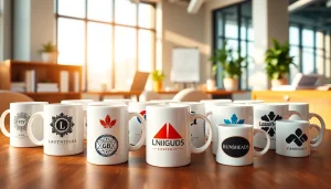 Individualizuoti puodeliai su įmonės logotipais ryškiame biuro fone, demonstruojant Puodeliai su logotipu.